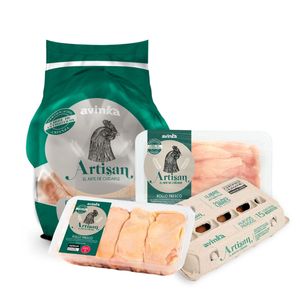 Pack Artisan Pollo entero de 1.8 a 2 kg + Muslos x 500 + Huevos x 15 unidades + Strips de pechuga 450