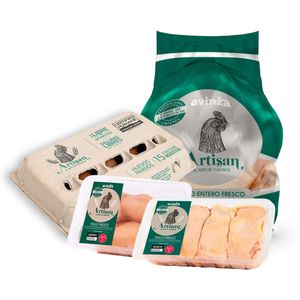 Pack Artisan Pollo entero de 1.8 a 2 kg + Filete de pechuga x 450 + Huevos x 15 unidades + Muslos x 500