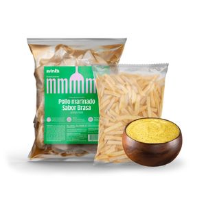 Pack Pollo marinado sabor brasa de 1.3 a 1.4 kg + Papas precocidas congeladas crunch x 400 gr. + Ají de la casa x 200 gr