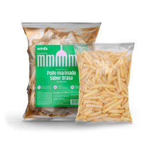 Pack Pollo marinado sabor brasa de 1.3 a 1.4 kg + Papas precocidas congeladas crunch x 400 gr.