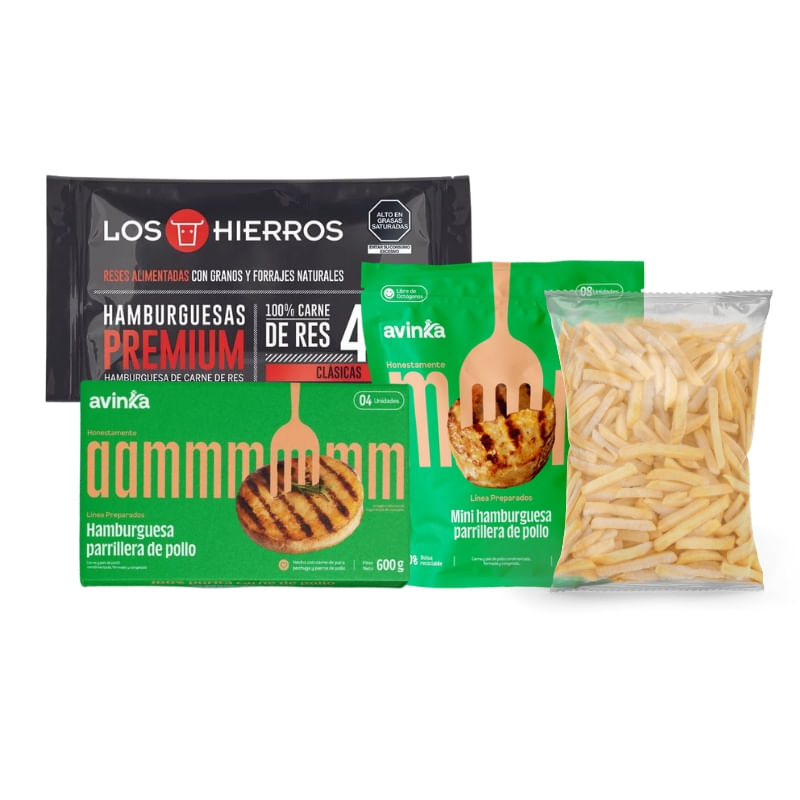 Pack-Hamburguesa-de-res-premium-clasica-340-gr---Hamburguesa-Parrillera-4-unidades---Mini-hamburguesa-8-unidades---Papas-congeladas-crunch-400-gr.