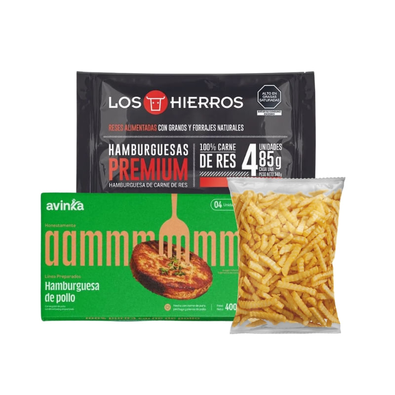 Pack Hamburguesa de res premium clasica 340 gr + Hamburguesa de pollo 4 unidades + Papas ondeadas 450 gr