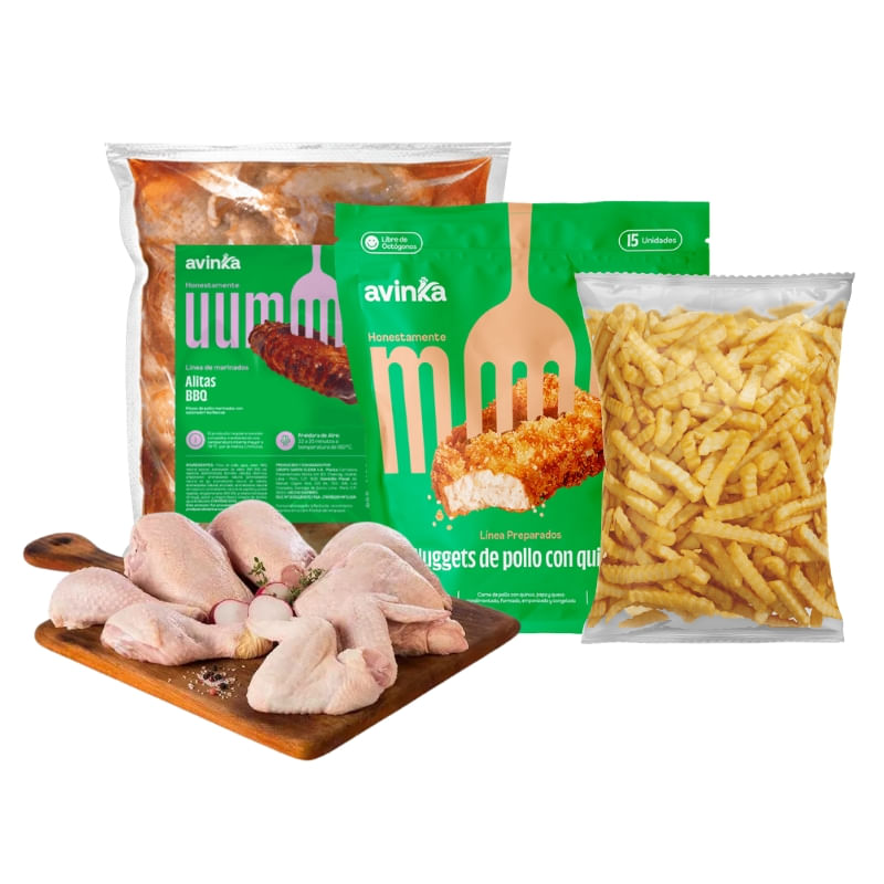 Pack-Pollo-sin-menudencia-trozado-8-piezas---Nuggets-con-quinua-15-unidades-270-gr---Papas-ondeadas-450-gr---Alitas-a-la-BBQ-700-gr